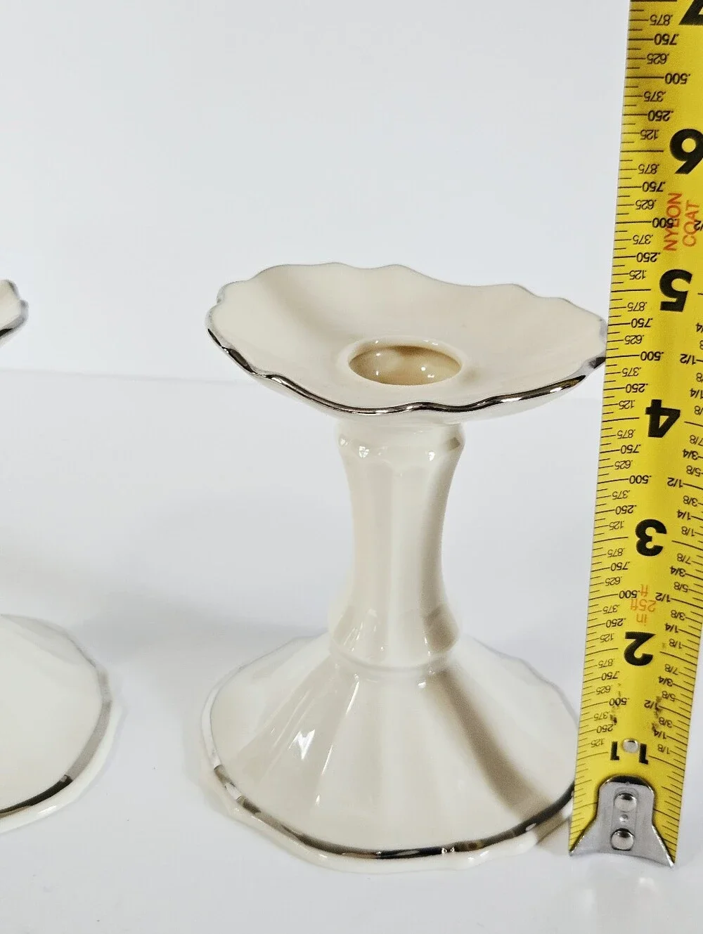 Lenox China Vintage Symphony Pattern Porcelain Candlesticks Ivory Platinum Trim
